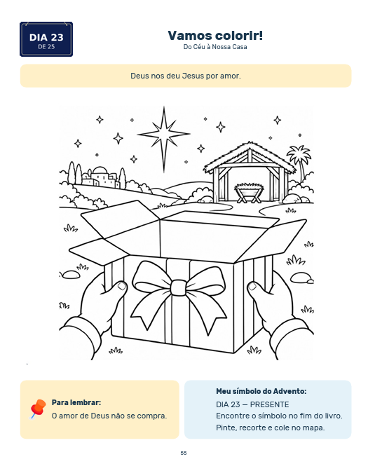Dia 23 — página para colorir: a caixa de presente diante do presépio
