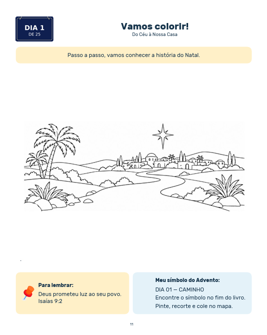 Dia 1 — página para colorir: o caminho até Belém sob a estrela