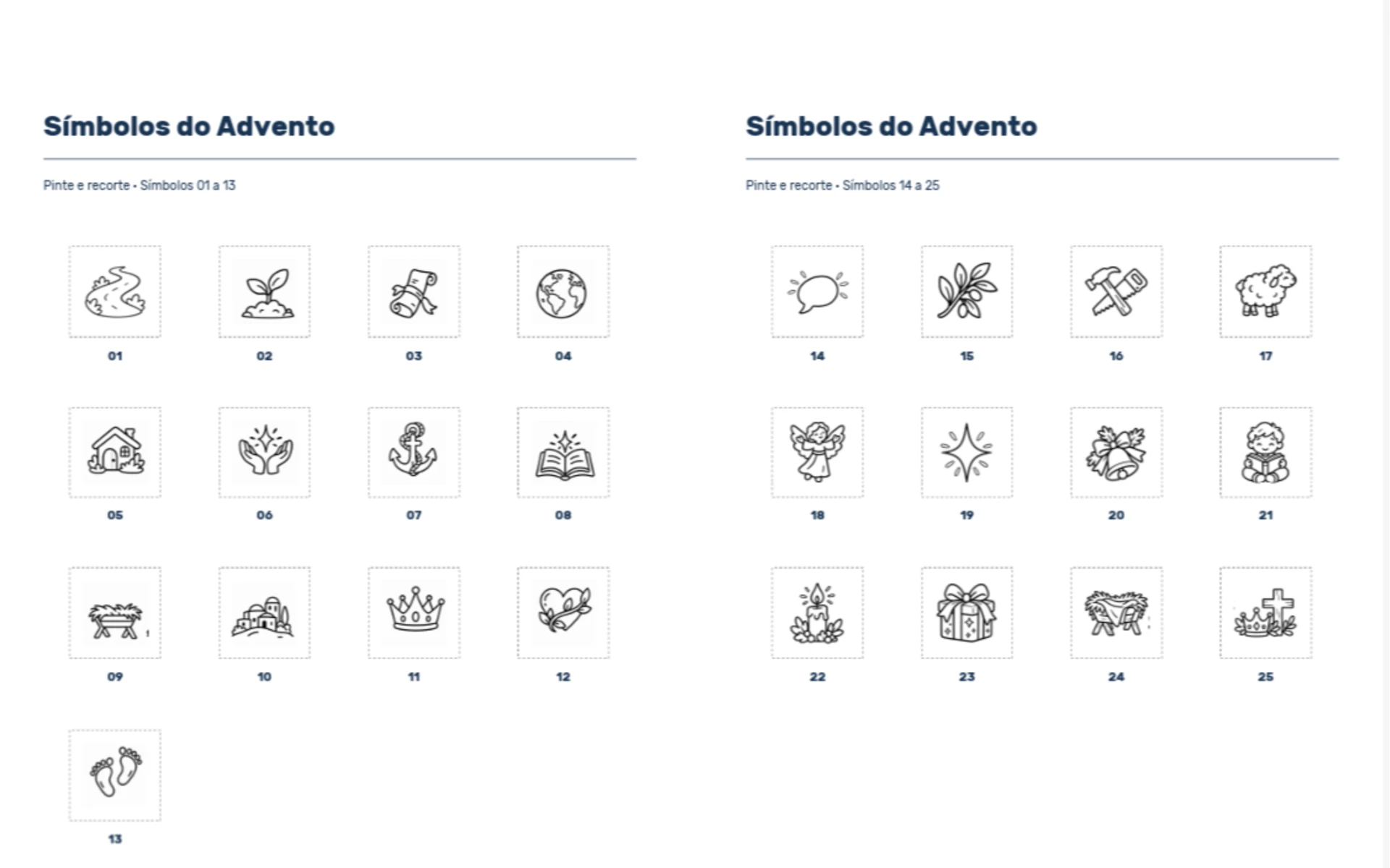 Páginas do livro com os 25 símbolos do Advento para pintar e recortar